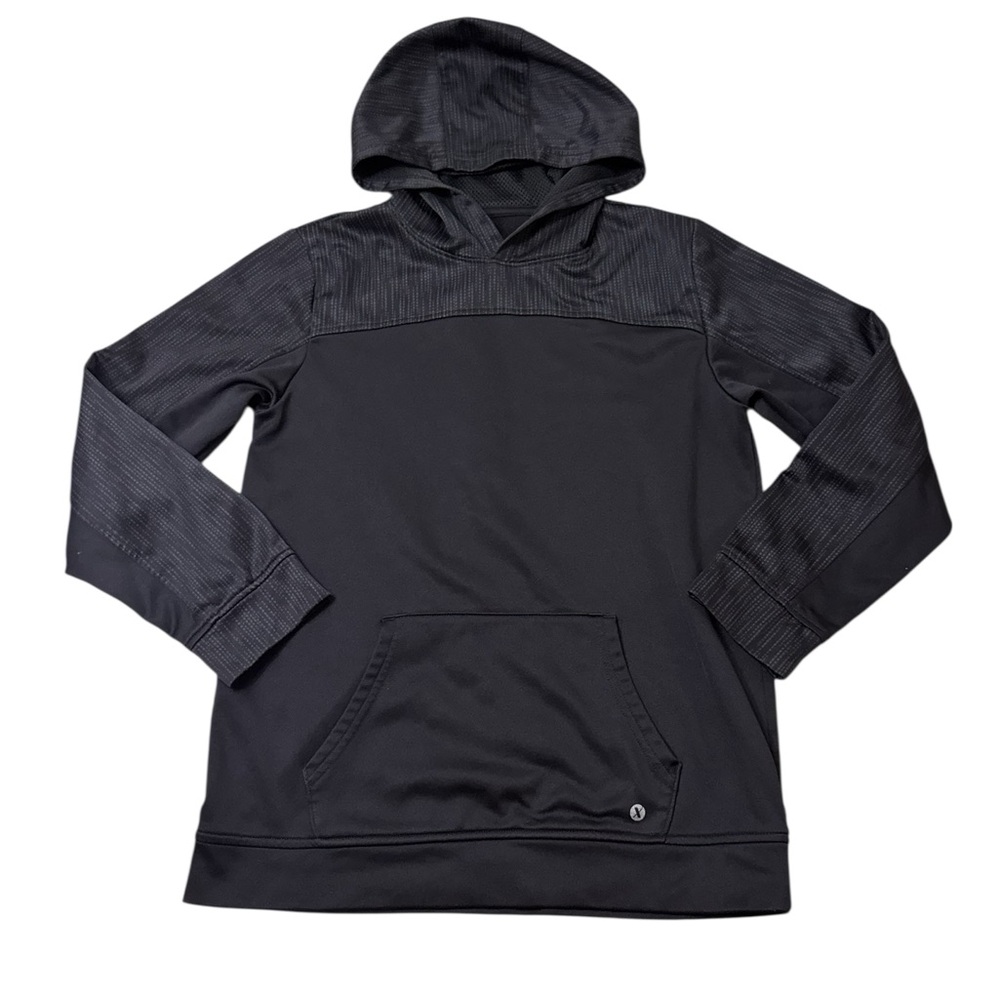 Xersion | Full Black Hooded Sweatshirt with Textured Panels XL Kangaroo Pocket